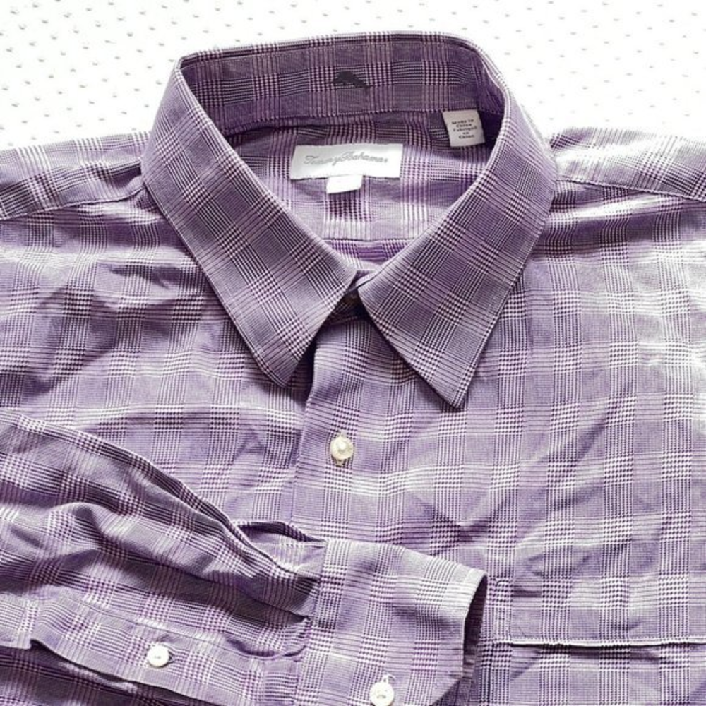 Tommy Bahama Mens‎ Size 17.5 32-33 Purple Check Long Sleeve Button Down Shirt